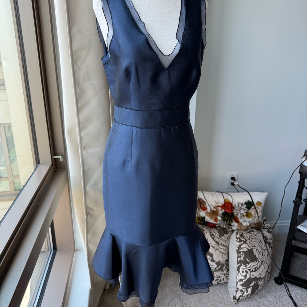 Carolina Herrera Midnight Navy V-Neck Ruffle-Hem Midi Dress - Picture 12 of 14
